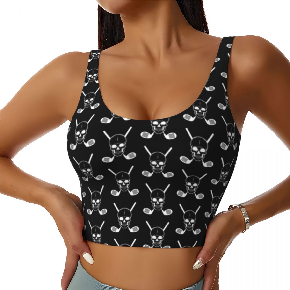 Yoga Fitness Club - เสื้อโยคะแบบมีฟองน้ำเสริม ชุดกอล์ฟลายหัวกะโหลก เสื้อกล้ามออกกำลังกายสำหรับกิจกรรมกลางคืน