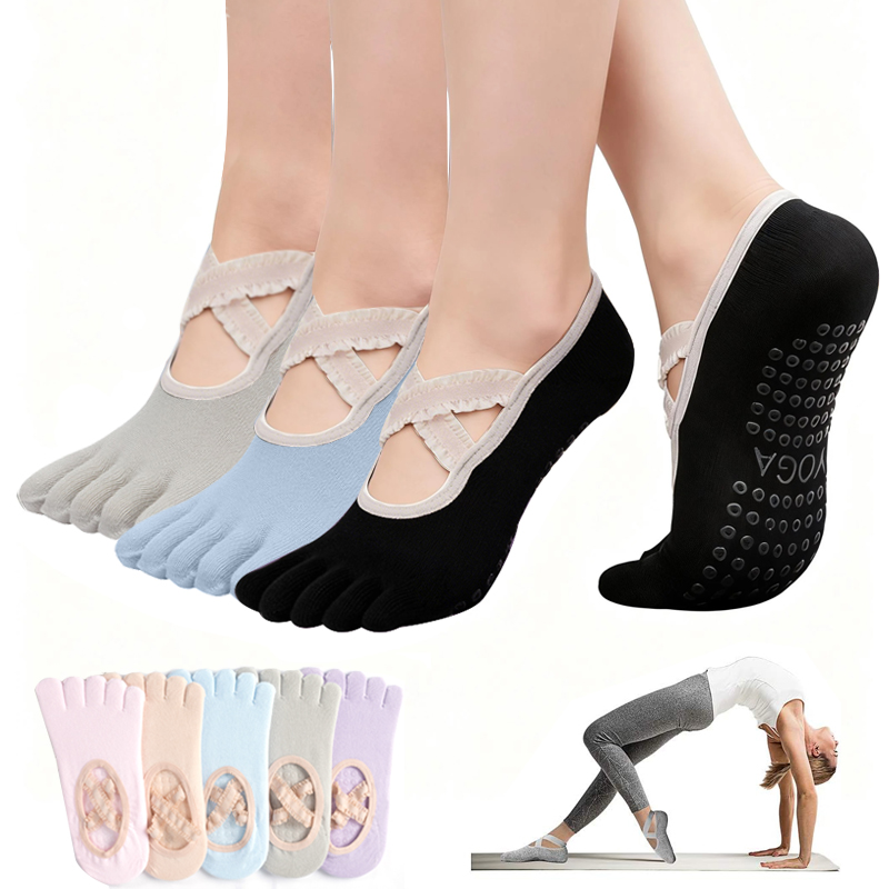 Yoga Dance & Fitness Center Llc - ถุงเท้าพิลาทิสกันลื่นสำหรับผู้หญิง ถุงเท้าโยคะแบบผูกเชือก ถุงเท้ากีฬาฟิตเนสระบายอากาศ ถุงเท้าบัลเลต์สำหรับสตูดิโอพิลาทิส