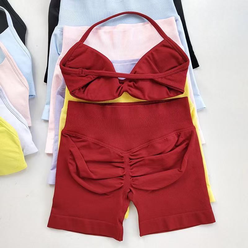 Yoga Fitness Outfit - ชุดกีฬา HISTELLO สำหรับผู้หญิง ชุดบราโยคะแบบมีสาย กางเกงขาสั้นออกกำลังกาย ชุดฟิตเนส