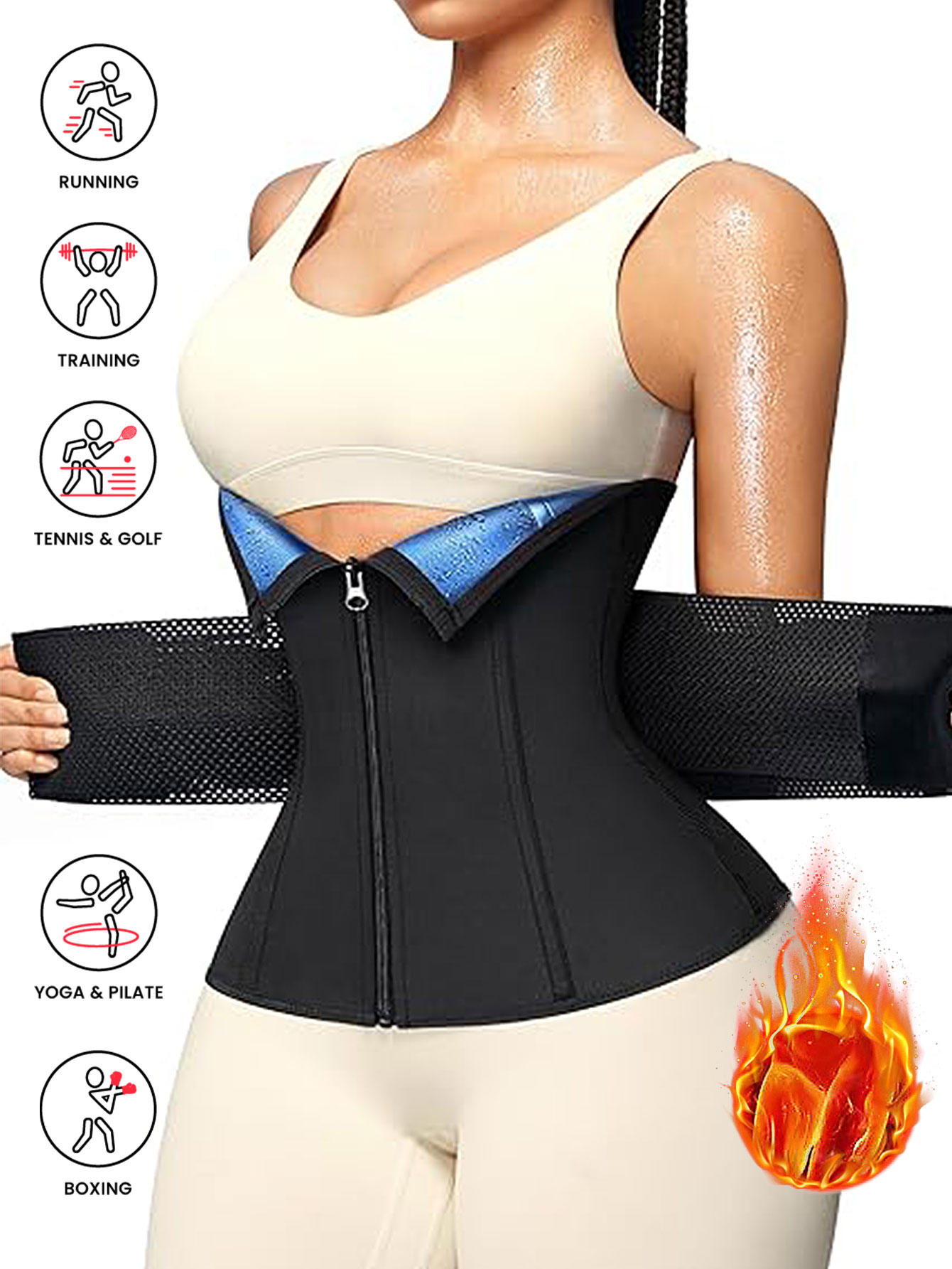 Waist Trainer Women - เข็มขัดรัดเอวซาวน่าสำหรับผู้หญิง แบบสองชั้น ควบคุมหน้าท้อง พร้อมซิป ช่วยเพิ่มการขับเหงื่อ กระชับสัดส่วน