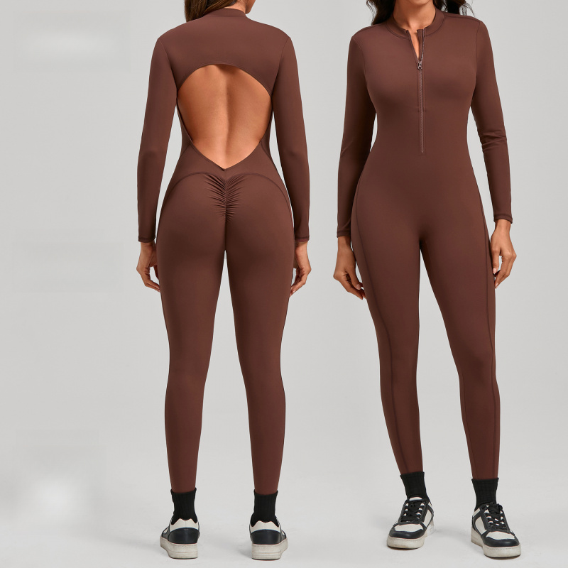 Yoga Fitness Outfit - จั๊มสูทโยคะแขนยาวแบบมีซิป สีนู้ด สำหรับผู้หญิง ออกกำลังกายกลางแจ้ง กางเกงขายาวรัดรูป ชุดออกกำลังกายแบบชิ้นเดียวสำหรับผู้หญิง