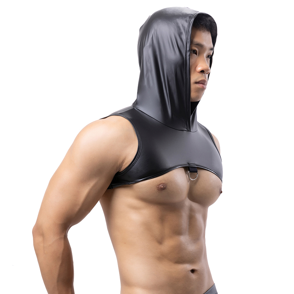 Gymnastics Rings - ผู้ชายหนัง Faux Hooded Fitness Tank Tops