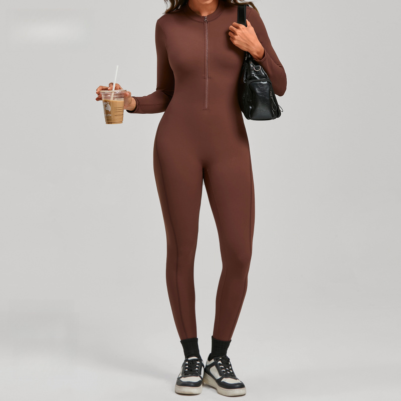 จั๊มสูทโยคะแขนยาวแบบมีซิป สีนู - Yoga Fitness Outfit บทวิจารณ์และราคา