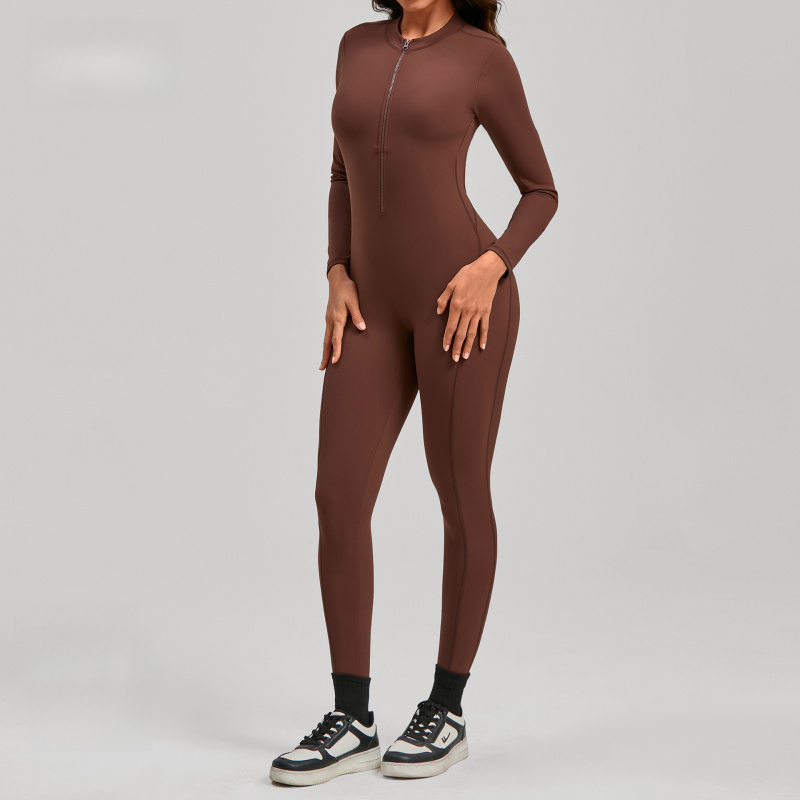 จั๊มสูทโยคะแขนยาวแบบมีซิป สีนู - Yoga Fitness Outfit บทวิจารณ์และราคา